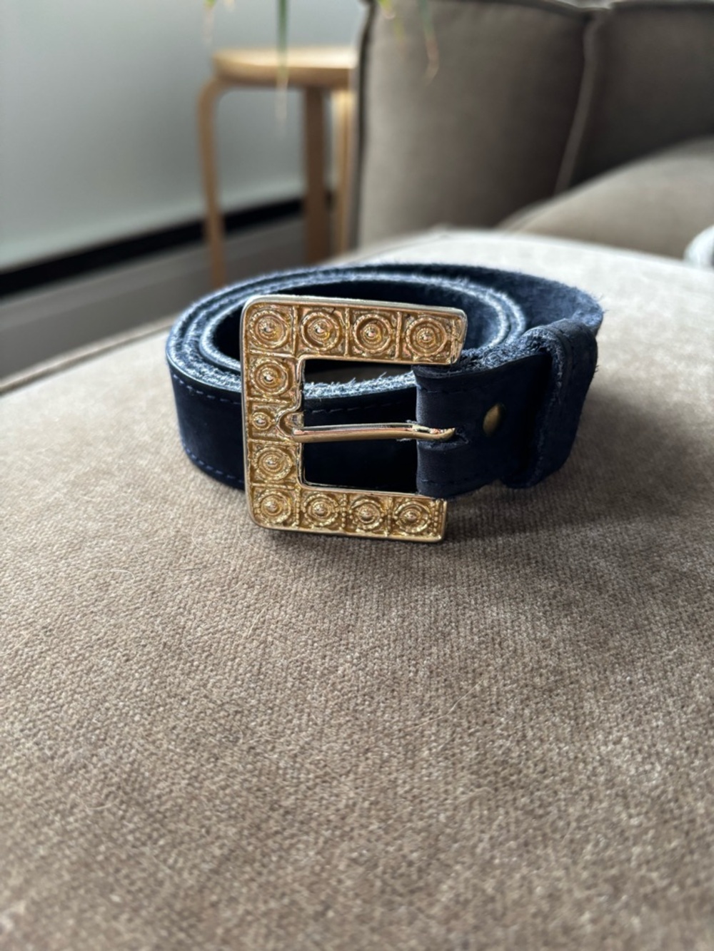 Women's Navy Suede Belt with Decorative Gold Buckle